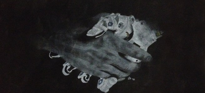 A charcoal and chalk drawing of a human hand shaking a robot hand.