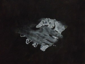 A charcoal and chalk drawing of a human hand shaking a robot hand.