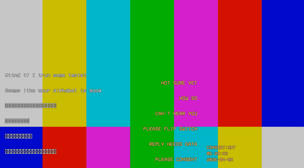 Text from keyboard input shown as white rectangles with Xes through them, overlaid on a test-pattern image background.