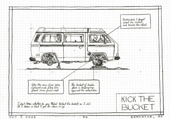 Engineering sketch showing Volkswagen Vanagon Westfalia up on jack stands, wheels removed.