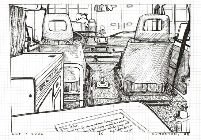 Hand drawn sketch on engineering paper, showing view from inside the Vanagon facing out the front window. Beyond the window we see the garage wall. Both front seats are empty; ORBiE is on the dashboard. A handwritten letter is partially legible in the foreground: "Dear Mabel, Thanks again for slowing me down. Sorry you can't come....time. I had always imagined this picture,.... mountains. Not the garage wall.....But, "Where doing so..... miss you."